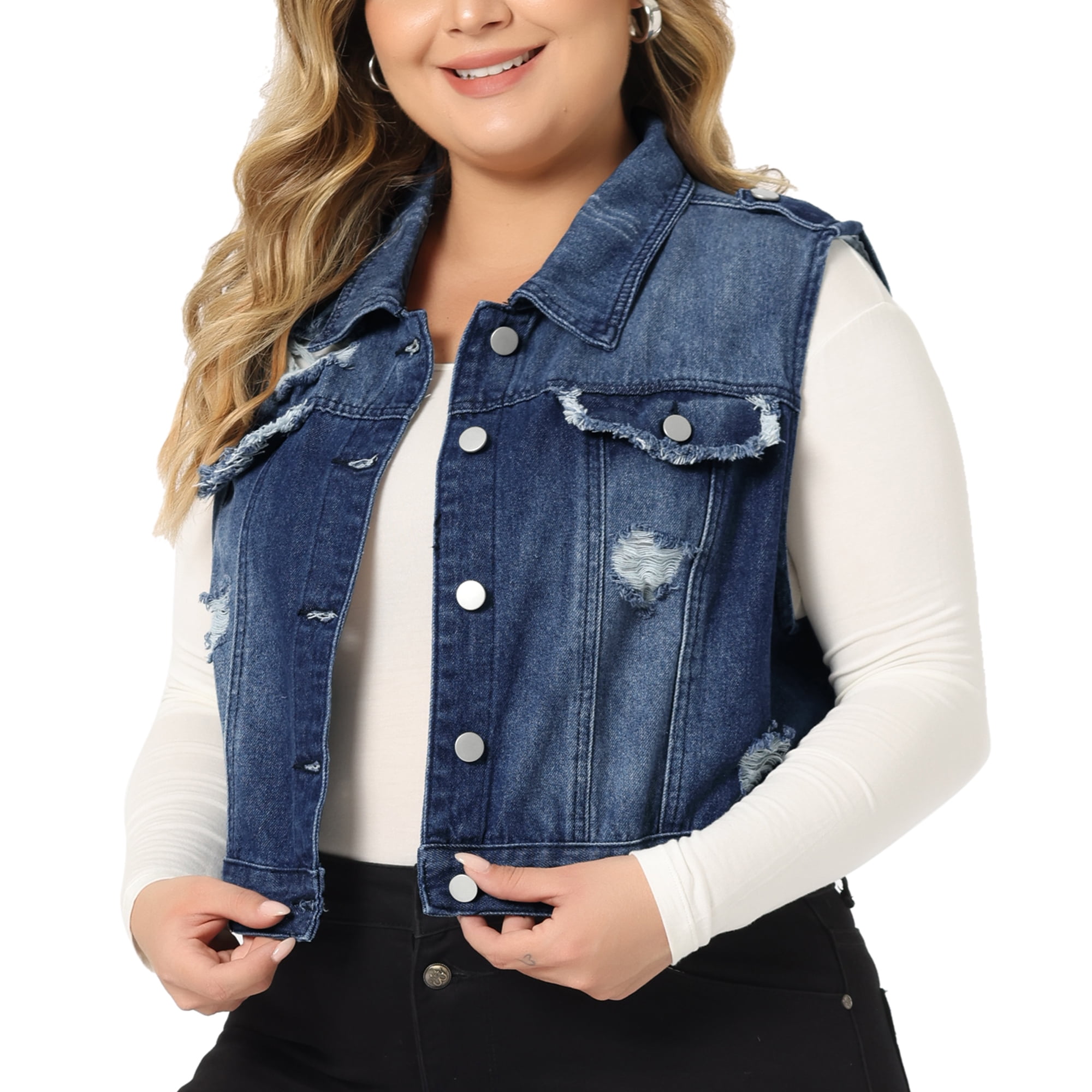 Unique Bargains Women's Plus Size Denim Sleeveless Chest Pockets Vests Jacket 2X Dark Blue