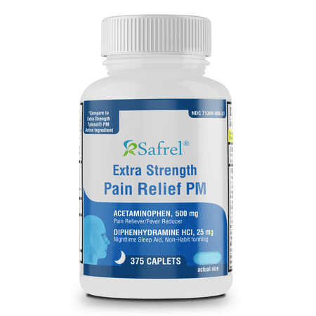 Safrel Extra Strength Pain Reliever PM and Sleep Aid (375 Tablets) | Acetaminophen 500 mg & Diphenhydramine HCl 25 mg | Fast Acting Relief for Headaches, Minor Aches | Non-Habit Forming | Value Pack