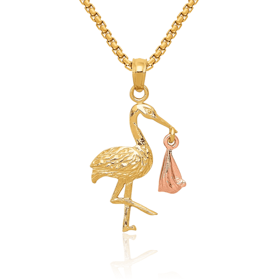 10K Solid Two Tone Gold Stork Dangling Necklace Chain Pendant Charm