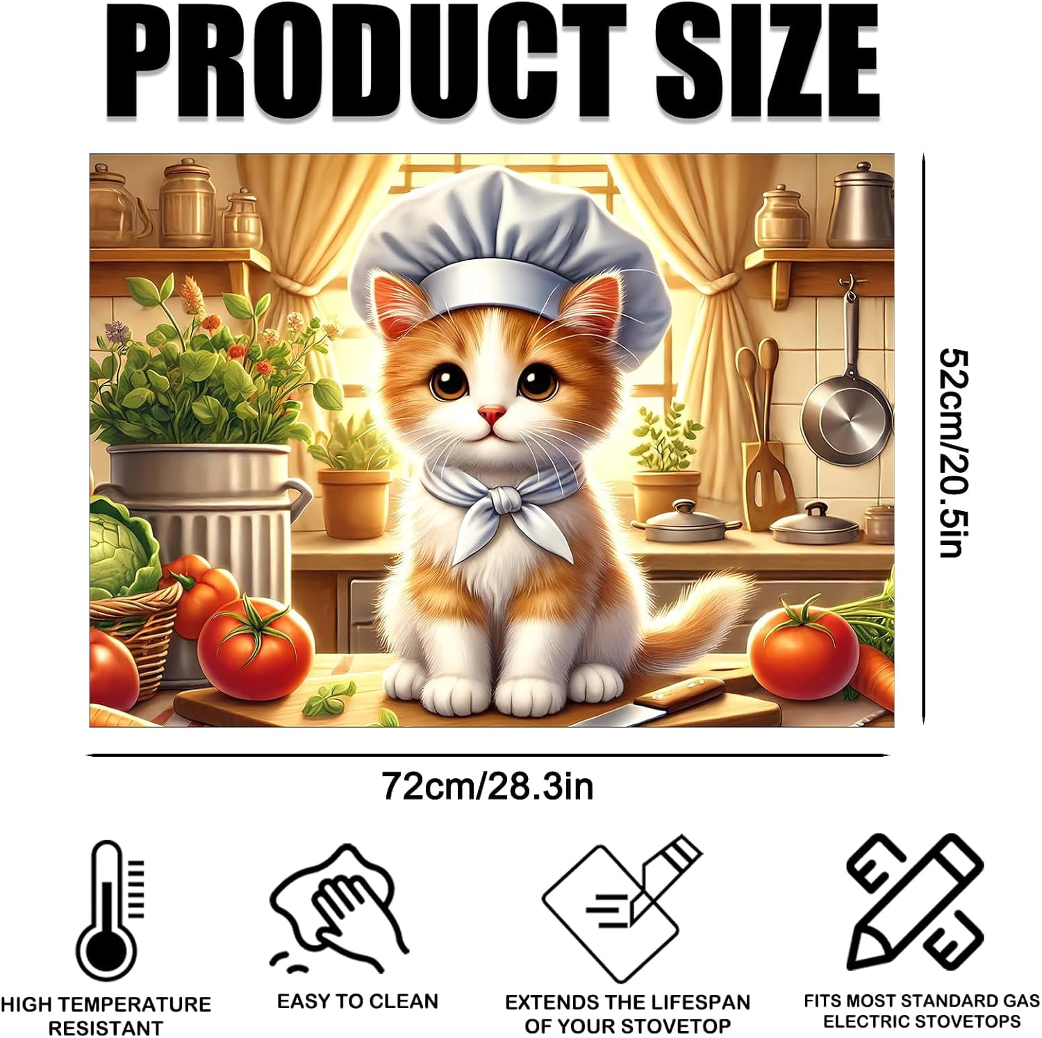 Stove Top Cover Chef Cat Design 20.47x28.34inch Polyester-Diatom Mud Blend Glass Stove Top Cover Protector for Kitchen Decor