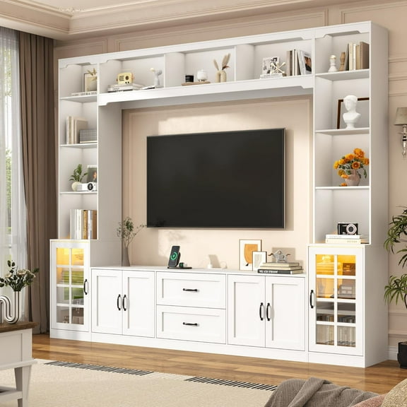ChVans 106" W Wall Unit TV Stand with Storage for TVs up to 80", Modern TV Console with LED Lights, Entertainment Center with Bookshelves for Living Room
