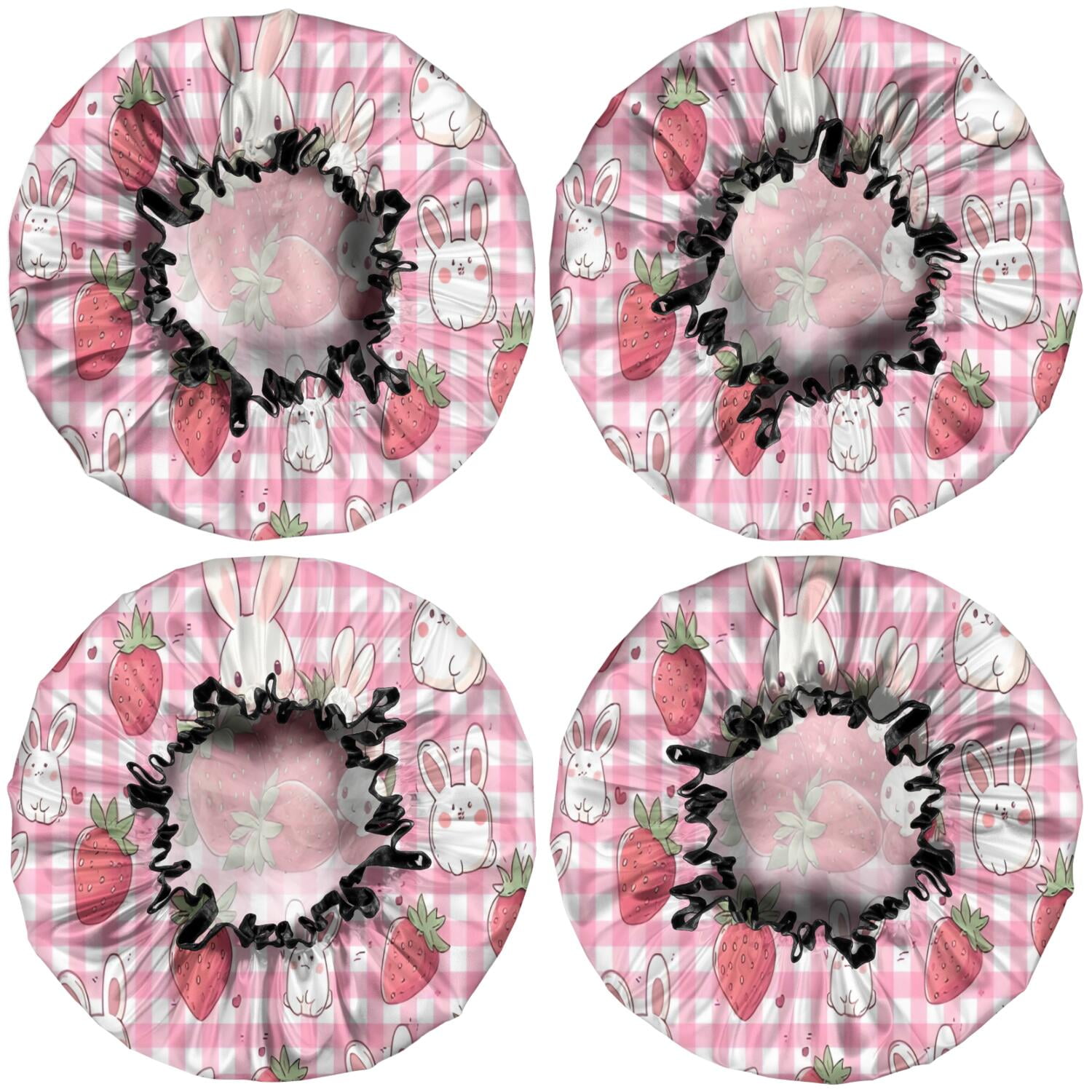 Shower Caps,Strawberry Plants Fruit Rabbit Checkered Waterproof Shower Cap for Women 4 Pieces,Double Reusable Hair Cover for Shower PEVA Elastic Stretch Hem