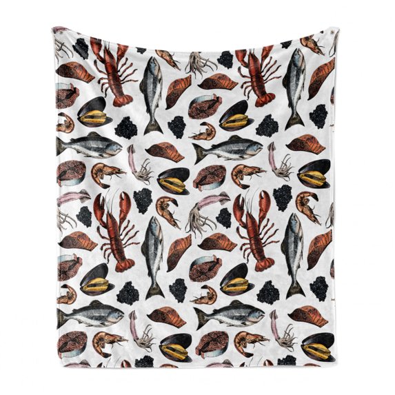 Lobster Soft Flannel Fleece Blanket, Vintage Delicious Seafood Elements as Squid Salmon Caviar Fillet Shrimp and Oyster, Cozy Plush for Indoor and Outdoor Use, 60" x 80", Multicolor, by Ambesonne