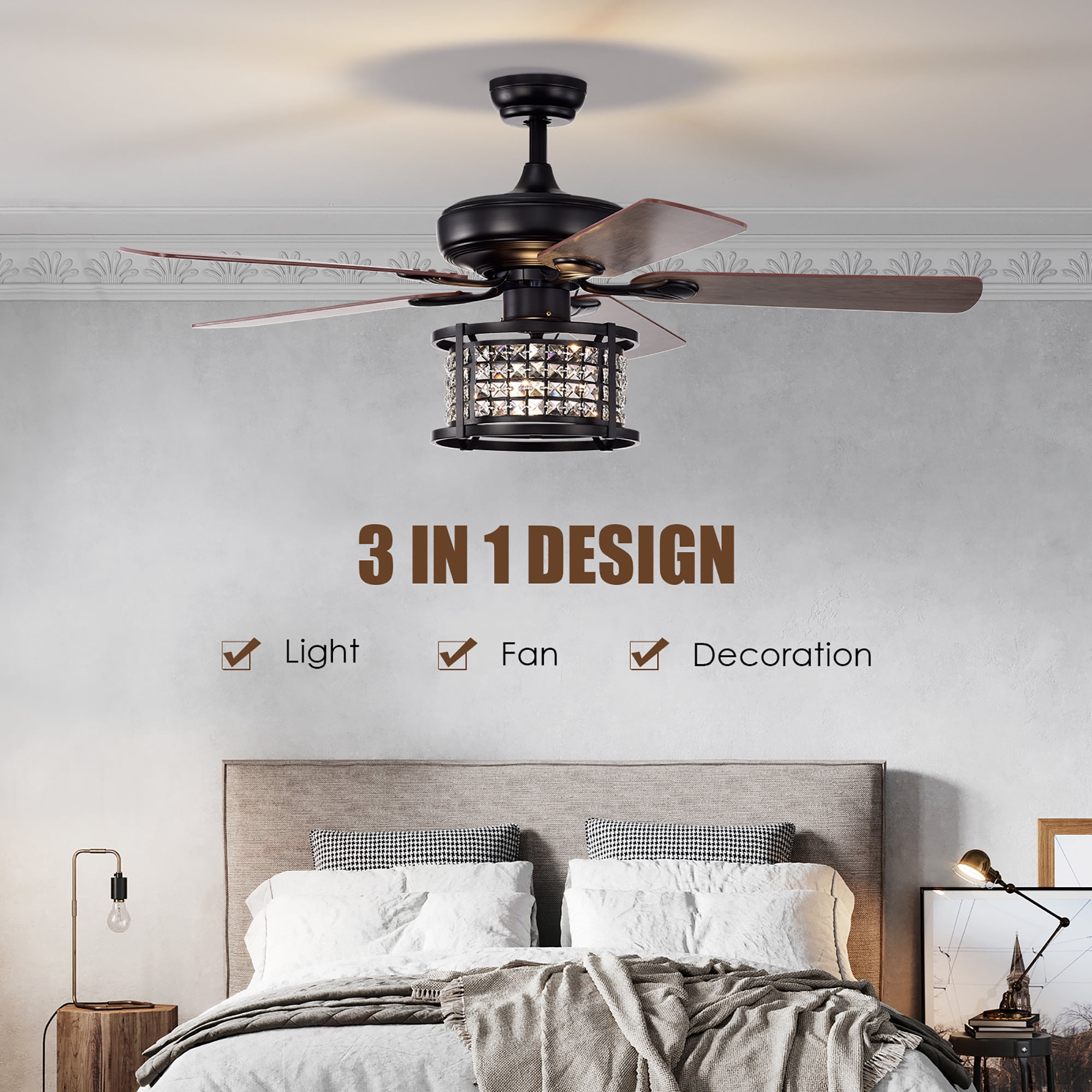 Costway 52'' Ceiling Fan with Light Reversible Crystal Ceiling Fan Lamp W/Remote Control