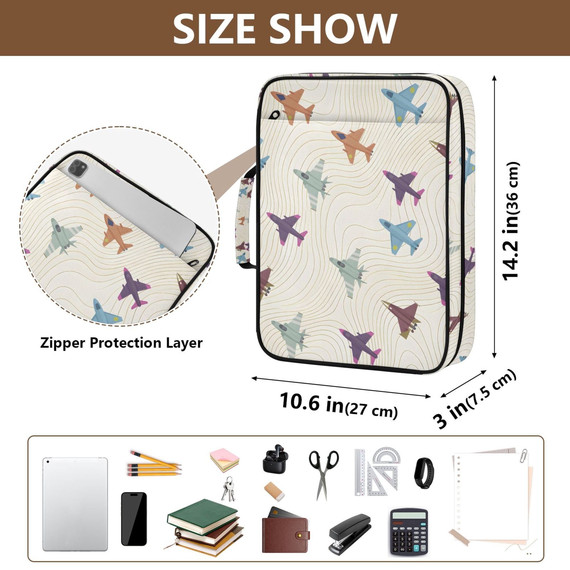 FORMRS Accordion File Folder A4 Size 7-Pocket Expanding Document Organizer Bag with 3 Ring Binder, Colorful Cartoon Planes Pattern