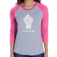 thumbnail image 1 of LA Pop Art Women's Raglan Baseball Word Art T-shirt - Love Trumps Hate Fist, 1 of 2