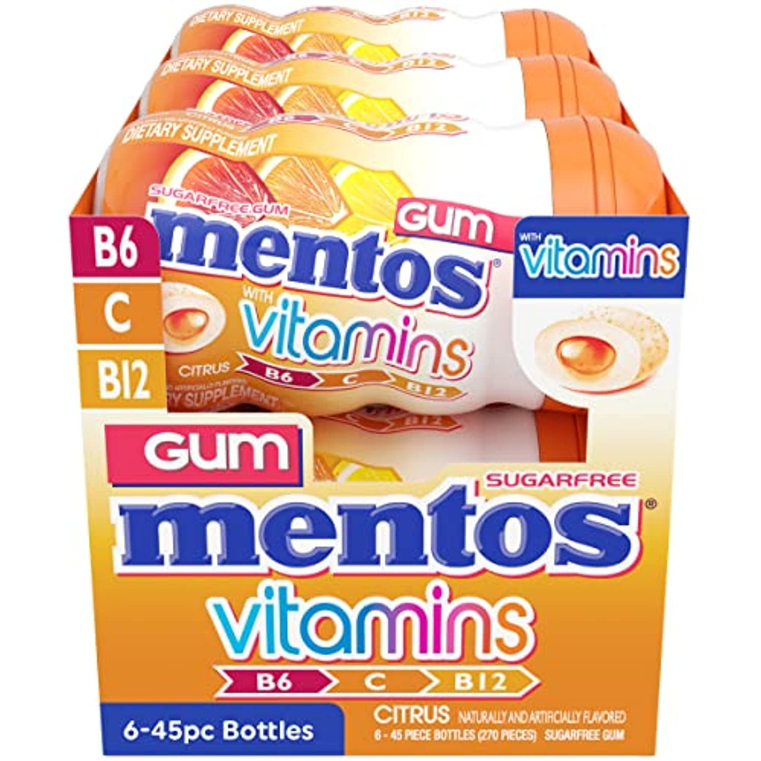 Mentos Gum With Vitamins, Sugar Free Chewing Gum With Xylitol, Citrus Flavor, Vitamins B6, B12 And C, Bottle Of 45 (Bulk Pack Of 6)