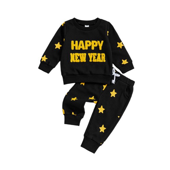 BemeyourBBs Toddler Baby Boy Girl Happy New Years Outfits Embroidery Pullover Sweatshirt Tops with Print Pants Set Fall Winter Spring Clothes