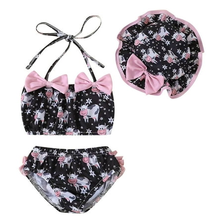 

Girls Swimwear Toddler Summer Girls Bowknot Cow Printed Ruffles Two Piece Swimwear Swimsuit Bikini With Hat Swimwear For Girls(Size:6-12 Months)