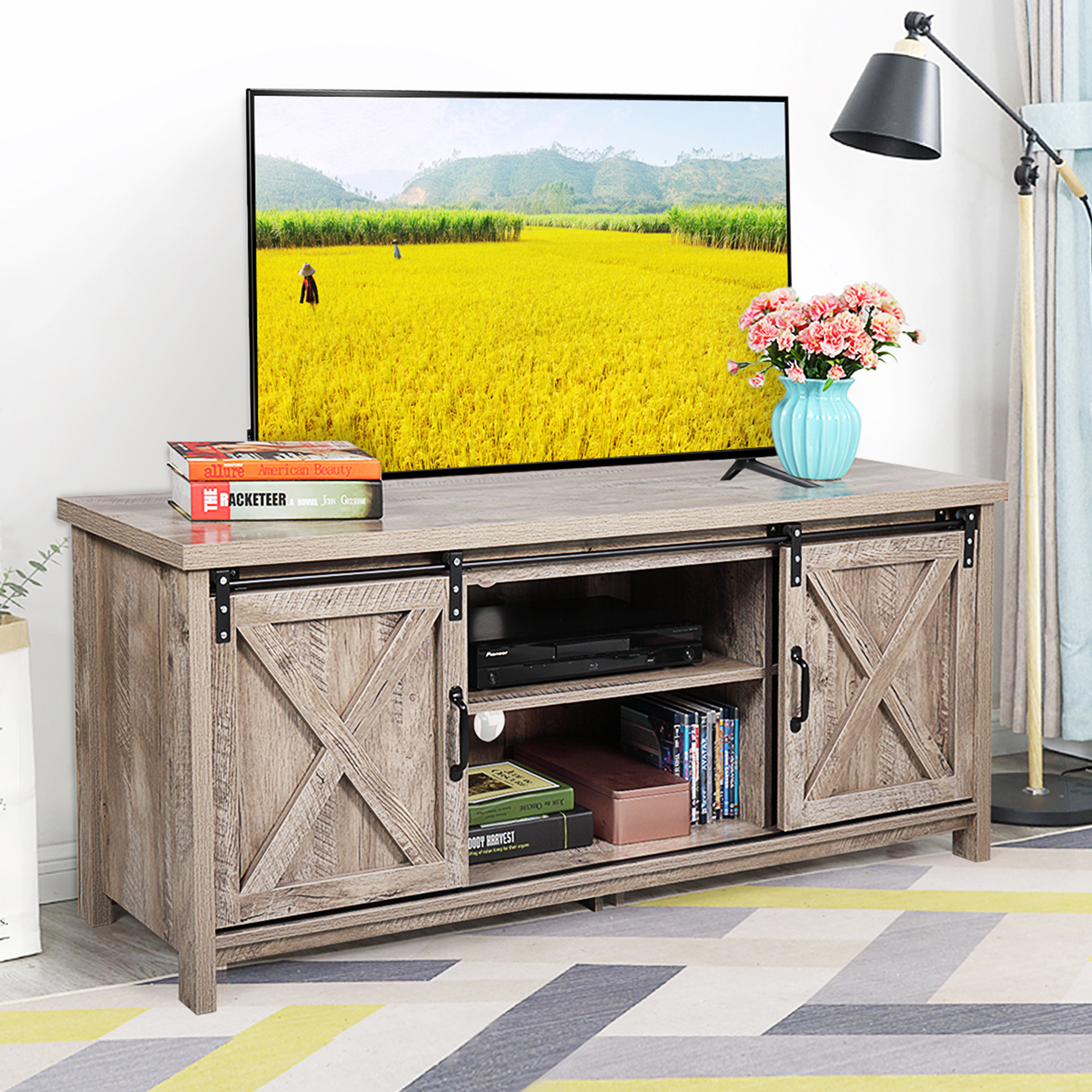 Jaxpety 58" Farmhouse TV Stand for TVs up to 60" with Sliding Wood Barn