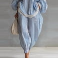 thumbnail image 5 of Women's Blue White Striped Lace Trim Boho Two-Piece Vacation Set Dolman Sleeve V Neck Loose Top & Elastic Cuff High Waist Jogger Pants, 5 of 6