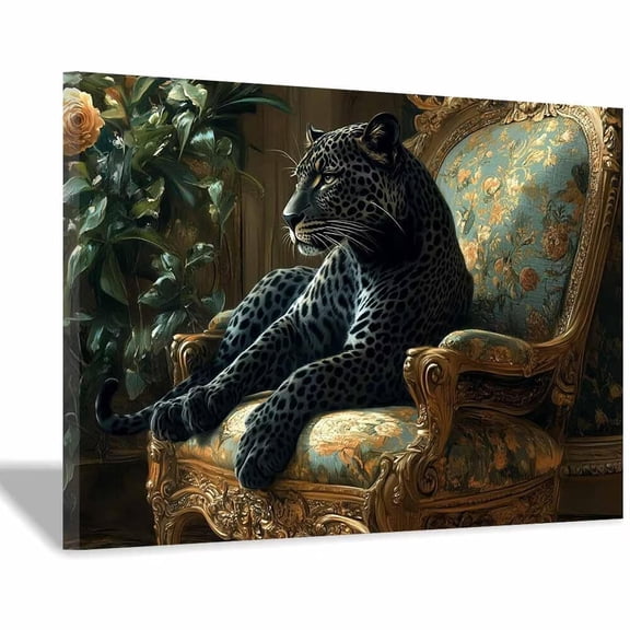 Mudket Framed Panther on Vintage Chair Canvas Wall Art, Luxury Leopard Print Wall Decor for Living Room Office, Trendy Animal Wall Art, Ready to Hang - 12"L x 8"W