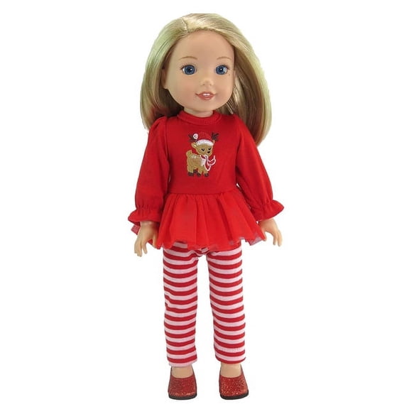 American Fashion World Christmas Reindeer Striped Pant Set Made for 14 inch Dolls