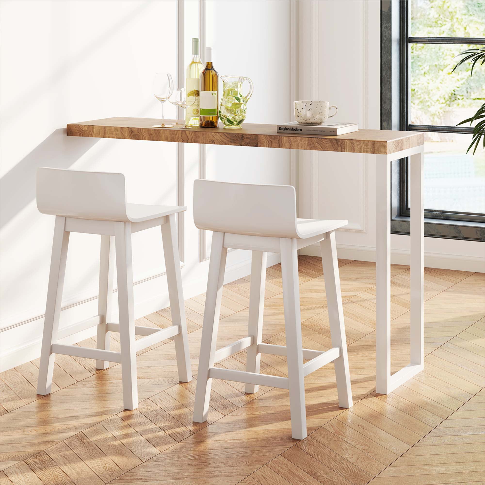 Costway 24.5" Wood Bar Stools Set of 2 with Solid Back & Seat Mid Century Bar Chairs White