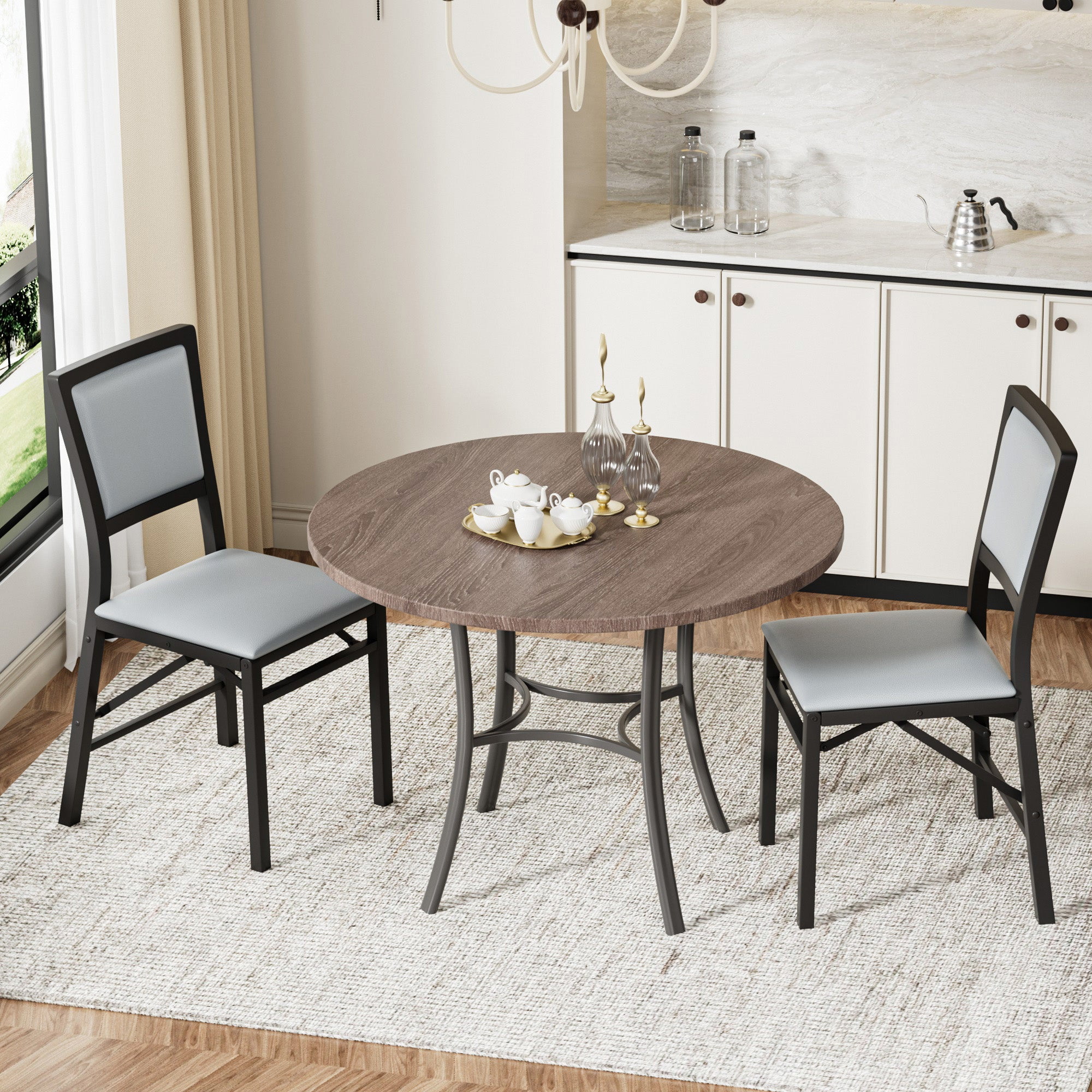 VECELO Dining Chairs Set of 2, Space-Saving and No Assembly, High Back PU Upholstered Folding Chairs with Metal Frame for Kitchen and Living Room, Grey