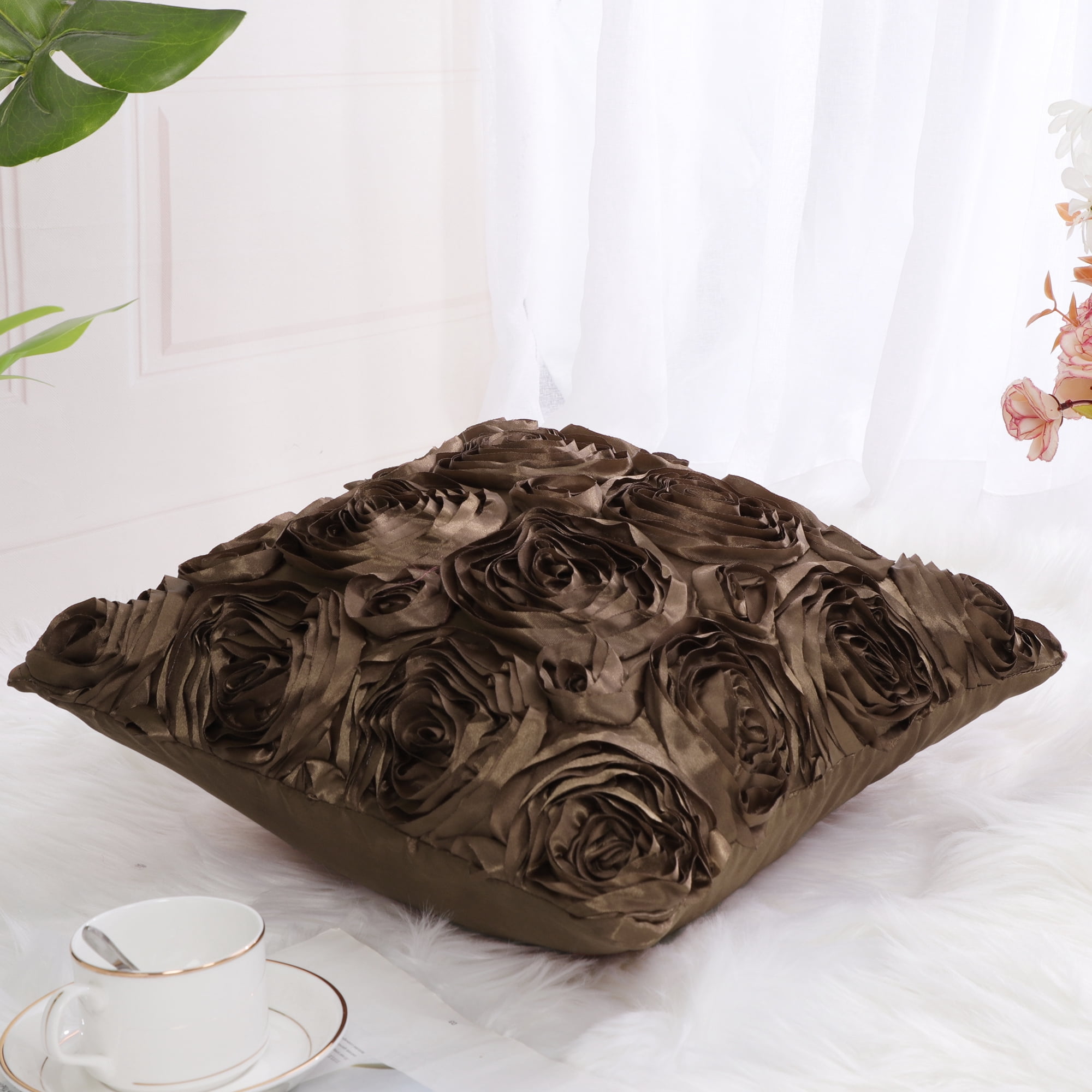 Unique Bargains 3D Flower Decorative Throw Pillow Cover 16" x 16" Coffee Color