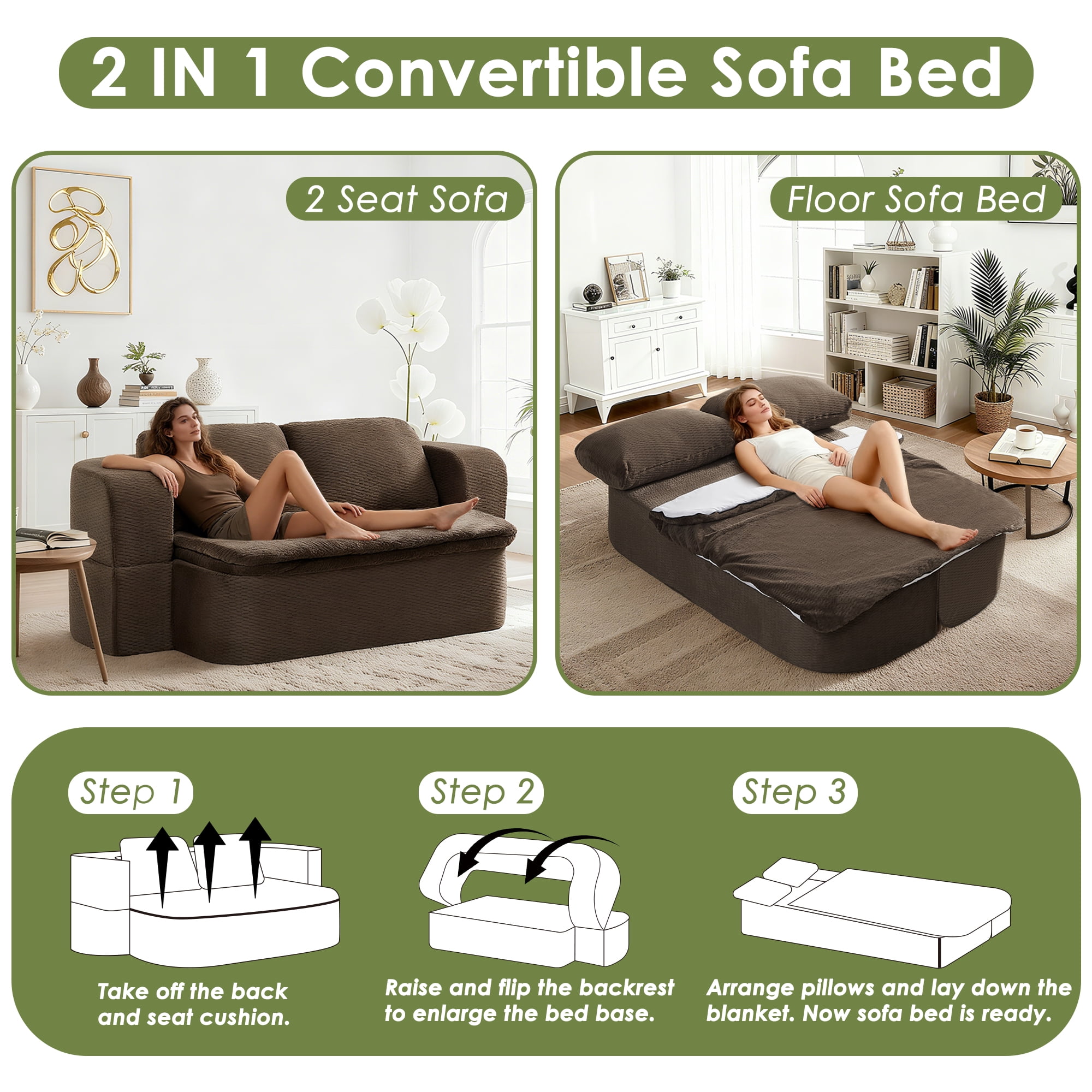 74.8" Convertible Sofa Bed, Compression Loveseat Sleeper, Foldable Sleeper Sofa with Armrest and Pillows for Living Room and Apartment, Dark Brown