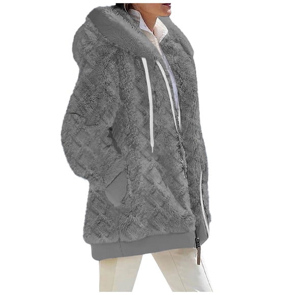 DondPO Fleece Coat for Women Women's Solid Color Fashion Casual Loose Drawstring Pocket Zipper Double Velvet Hooded Coat Sherpa Jacket Women Fuzzy Jackets for Women Gray S Clearance!