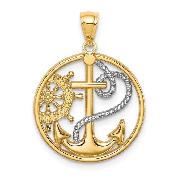 FB Jewels 14K Yellow Gold White Rhodium Cross Anchor Captain Wheel Pendant
