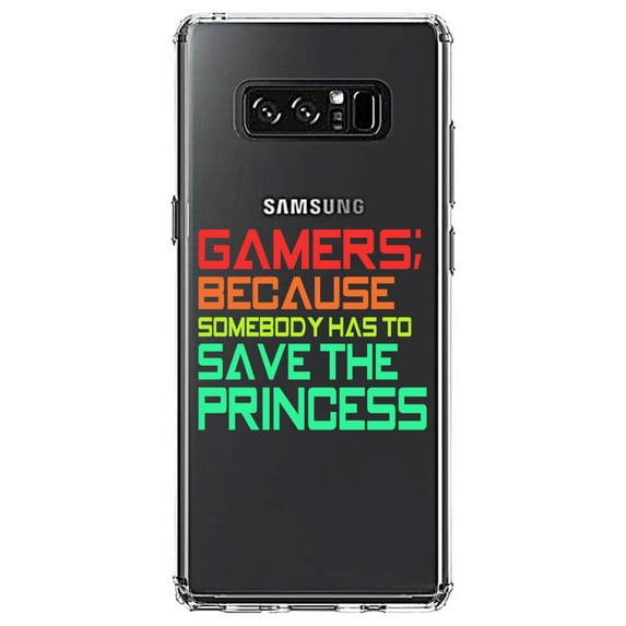 DistinctInk Clear Shockproof Hybrid Case for Samsung Galaxy Note 8 - TPU Bumper Acrylic Back Tempered Glass Screen Protector - Gamers; Because Somebody Has to Save Princess