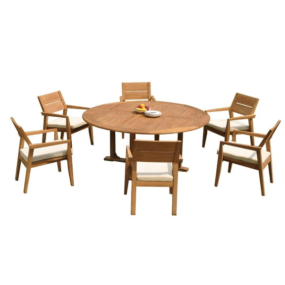 Grade-A Teak Dining Set: 6 Seater 7 Pc: 72" Round Table And 6 Vellore Stacking Arm Chairs Outdoor Patio WholesaleTeak #51VL1707