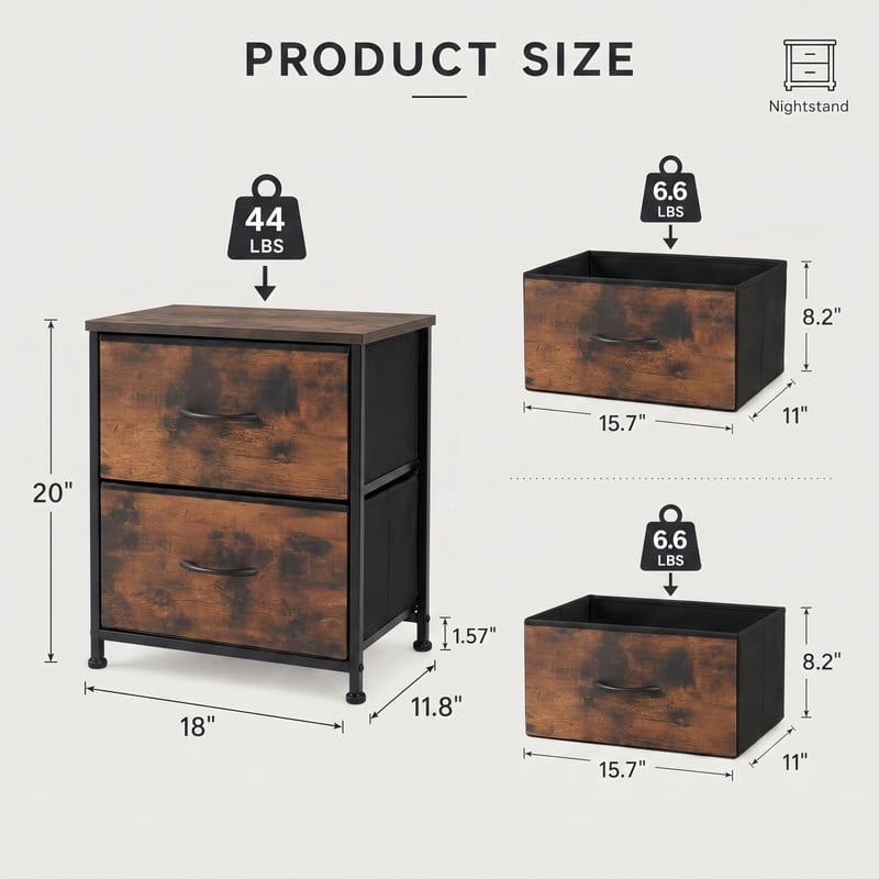 BEAUTYPEAK Nightstand 2-Drawer Fabric Dresser Bedside Table with Wooden Top Adjustable Feet, Rustic Brown