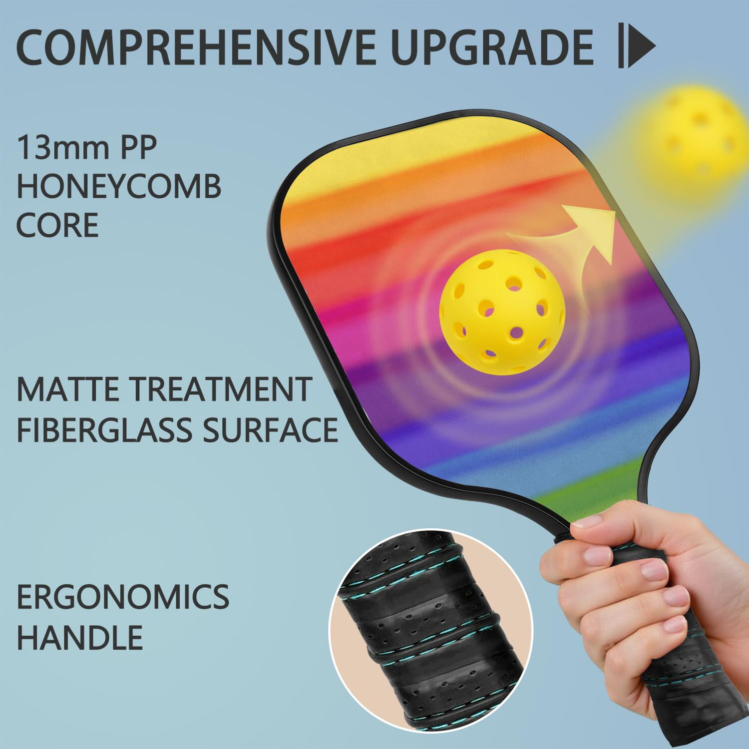 Pickleball Paddles Set Of 1, Fiberglass Surface, Vibrant Rainbow Print, 1 Paddle, 2 Balls & Bag