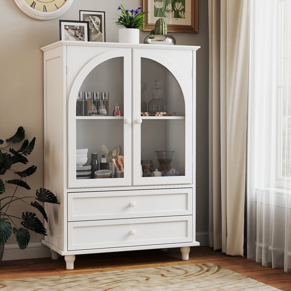 WRXELAN Farmhouse Buffet Sideboard with Storage, Arched Tempered Glass Door Storage Cabinet with Tiered Top, 2‑Drawer, Pantry Cabinet for Kitchen Dining Living Room Entryway Coffee Bar (White)