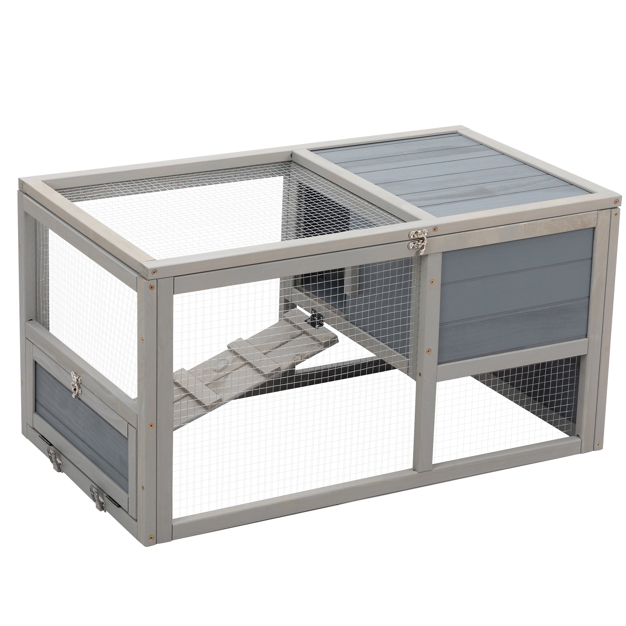 resenkos 35" Outdoor Rabbit Hutch with Wheels, Wood Bunny House with Ramp, Tray, Doors, Openable Top Small Animal Pet Cage, Gray