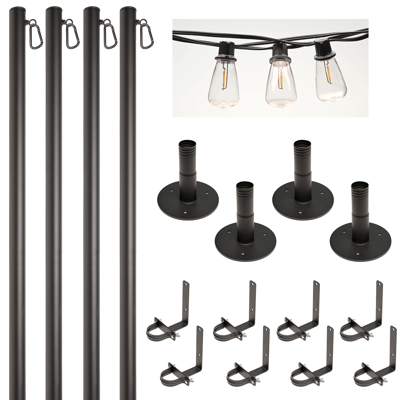 Excello Global Products Premium String Light Pole 4 Pack with 100' of LED Edison Bulb String Lights (Deck Mount)