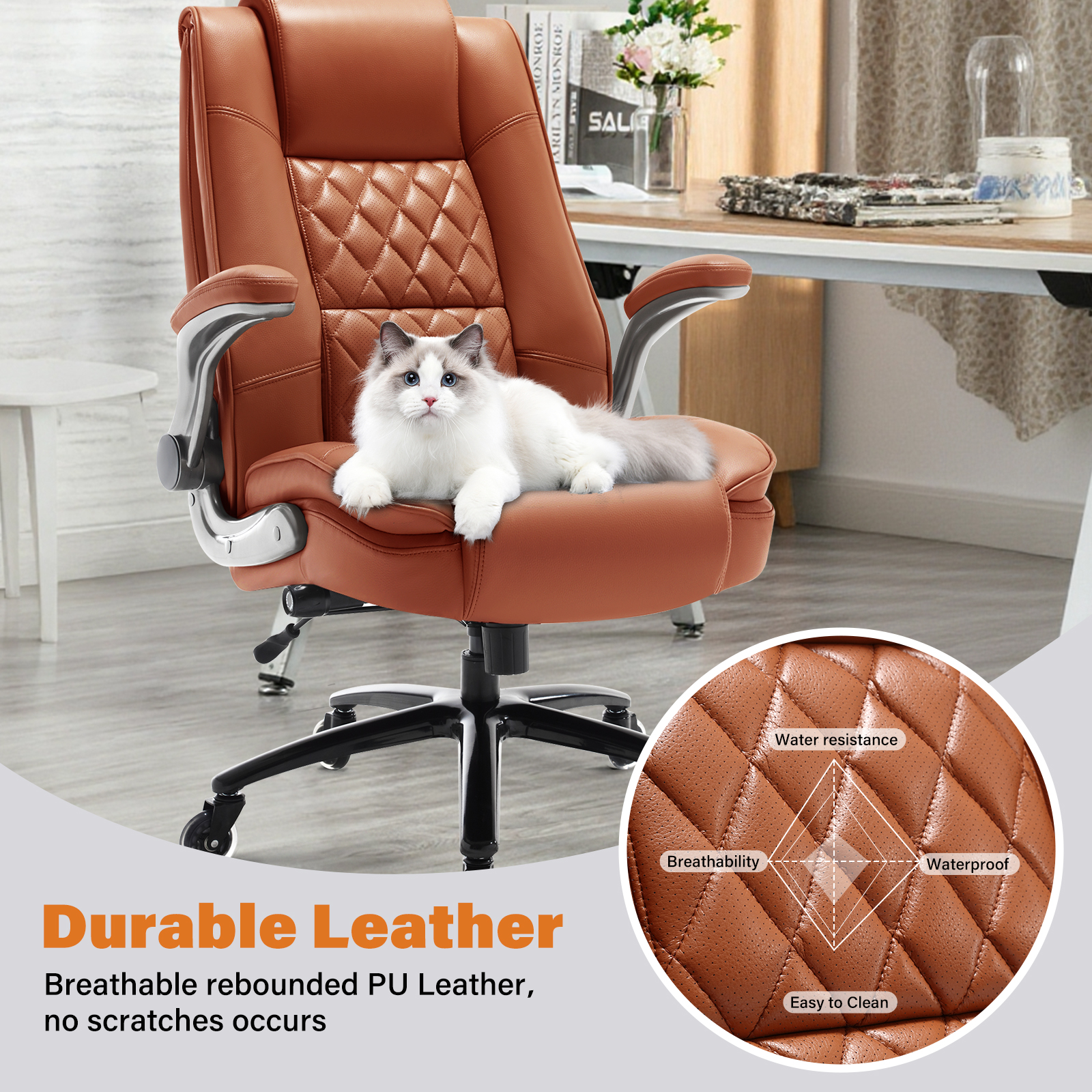 High Back Office Chair with Lumbar Support, Large Upholstered Executive Desk Chair, Faux Leather Computer Chair with Flip-up Arms, Rubber Wheels