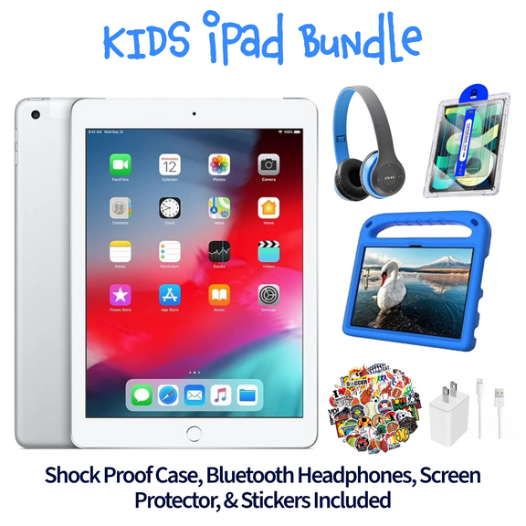 Restored Apple iPad 6 Kid's Bundle - 9.7" 32GB Space Gray (Wi-Fi) - Shock Proof Case, Bluetooth Headphones, Screen Protector, Kid's Stickers, and Charger Included (Refurbished)