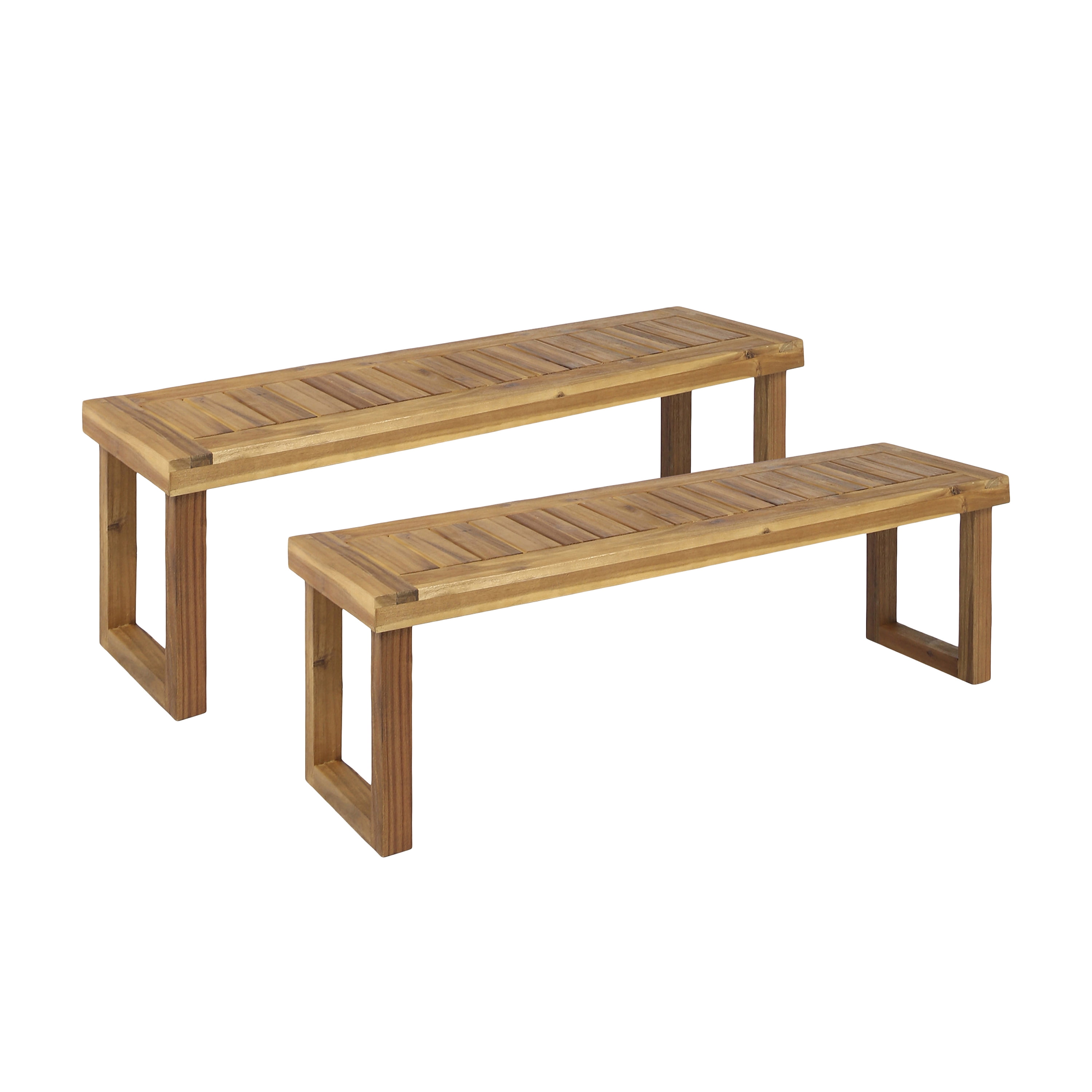 Outdoor Solid Wood Bench Set of 2, Acacia Wood Leisure Benches for Patio Garden, Natural
