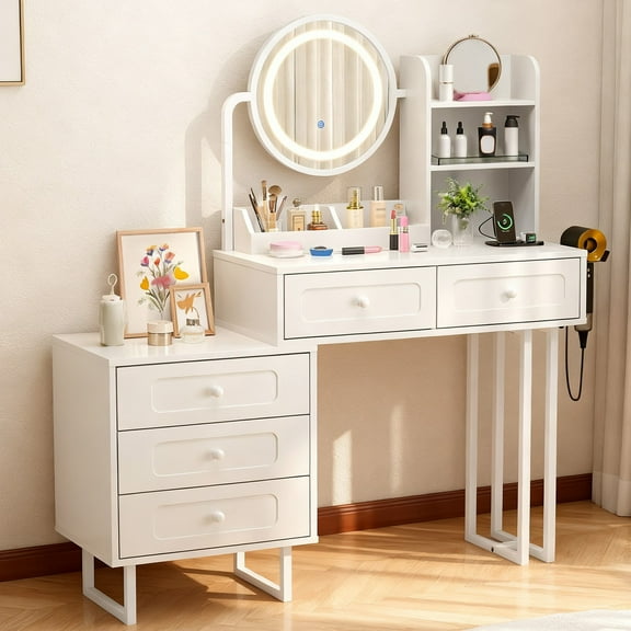 Ktaxon Lighted Makeup Vanity, Vanity Table Set w/ Charging Station, Hair Dryer Rack, White