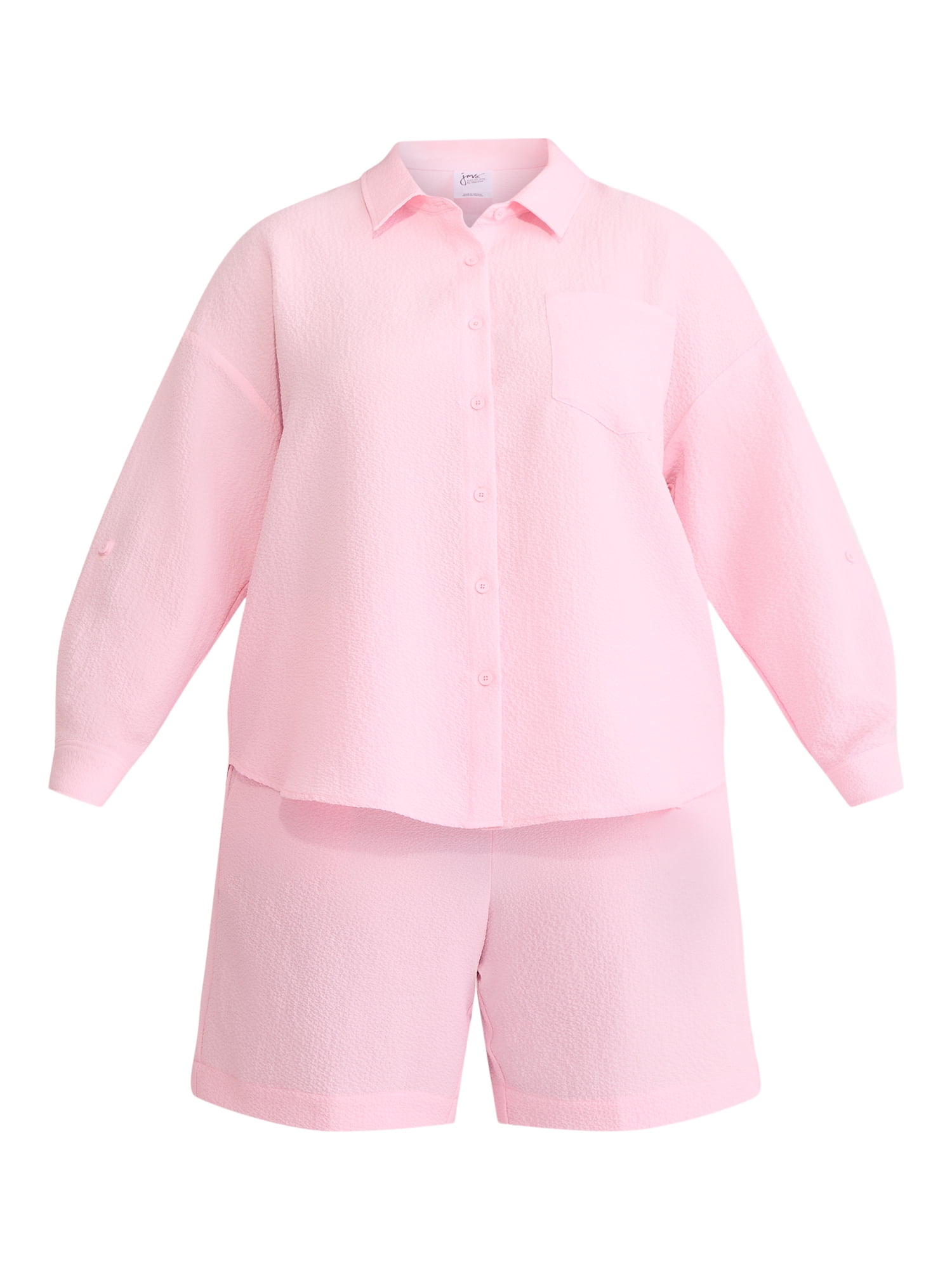 Just My Size Women's Plus Size Gauze Button Front Shirt and Pull On Shorts Set, 2-Piece, Sizes 0X-4X