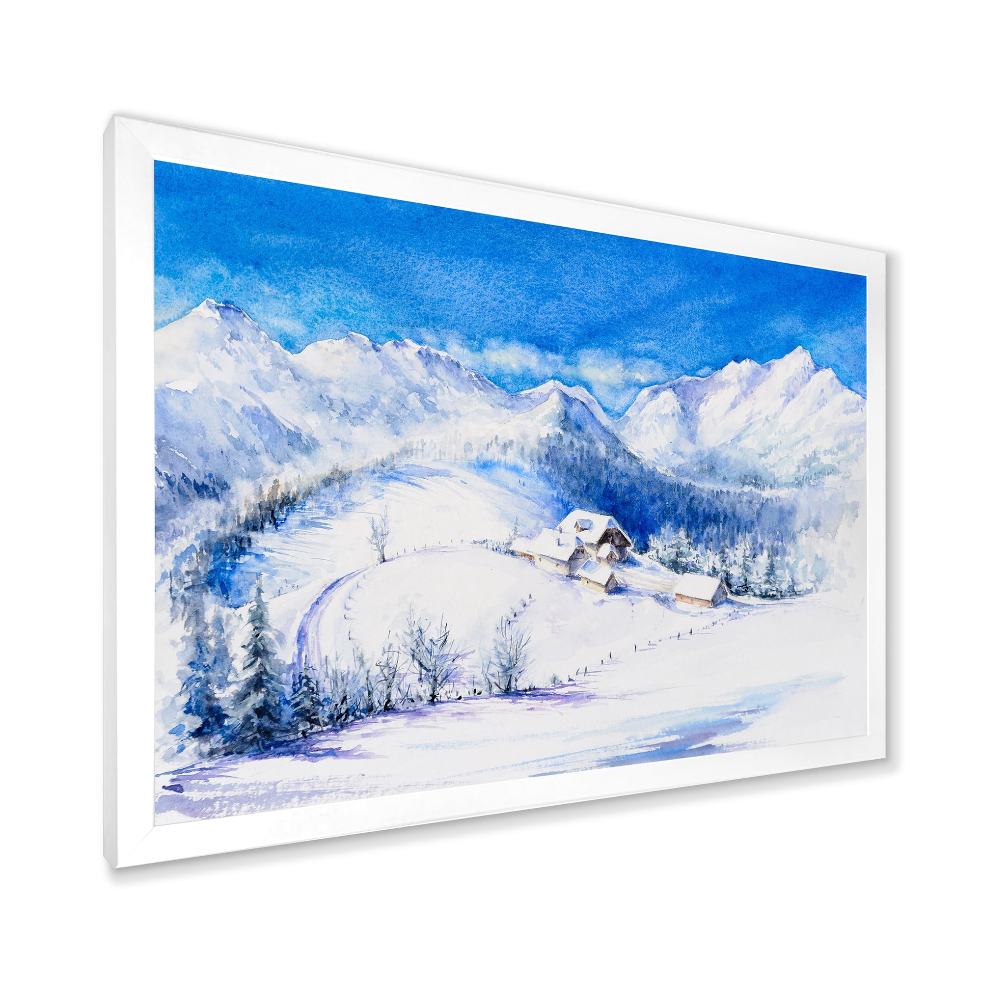 Designart 'Wooden House With Winter Mountain Landscape' Traditional Framed Art Print