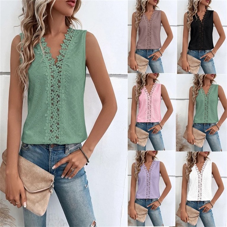 Womens Lace Tank Top Blouse Sleeveless Summer Casual Crew Neck Slim Fit  Hollow Out Shirt White at  Women's Clothing store