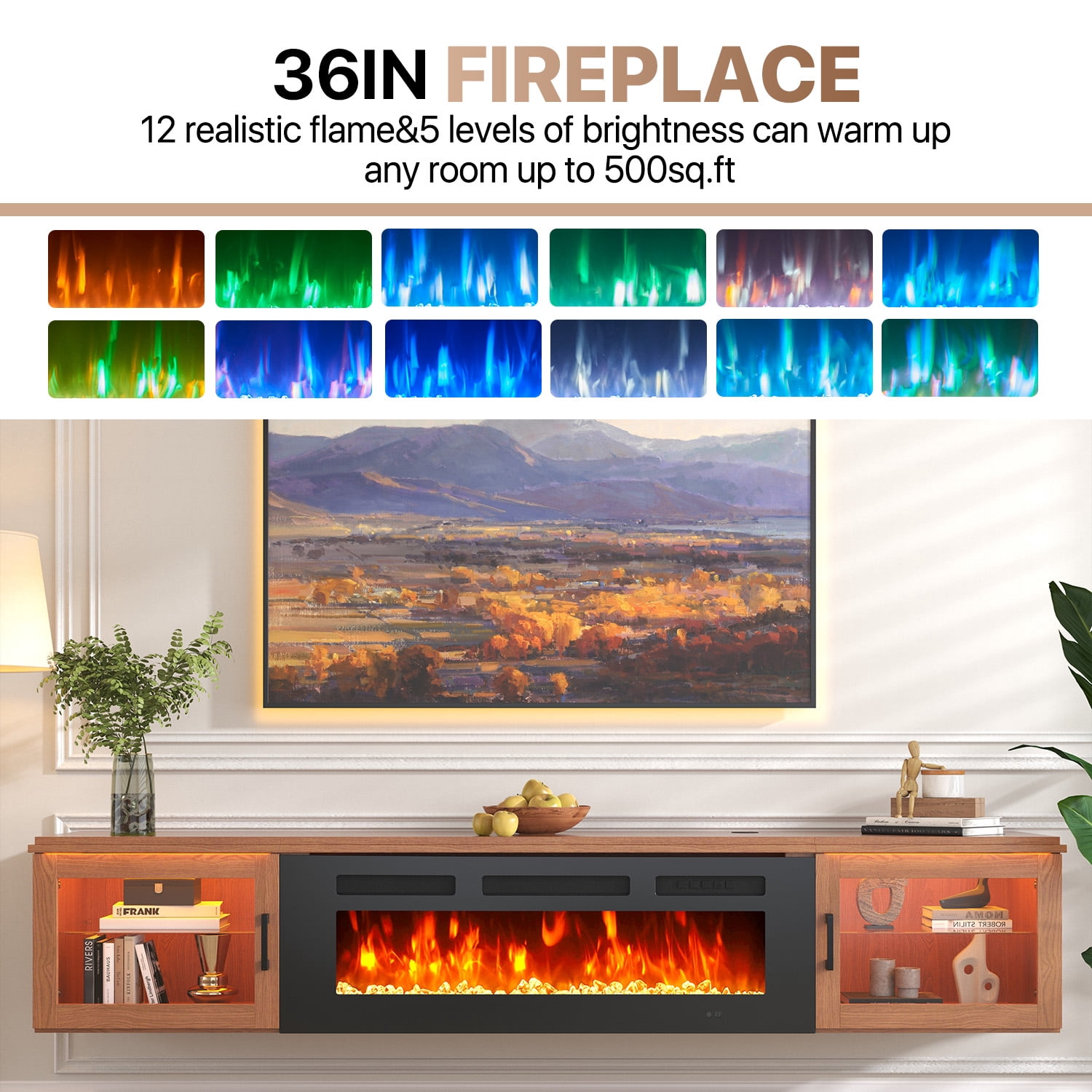 Sonegra Floating Fireplace TV Stand for TVs up 80", Wall Mounted Fireplace Entertainment Center, 70" Console Table with Electric Fireplace, Brown, WI-FI Enabled