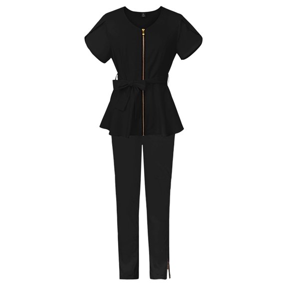Women's Solid Color Tie Waist Scrub Set Short Sleeve Elastic Pants Medical Uniform Workwear