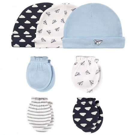 UPC: 0660168517002 | Hudson Baby Infant Boy Cotton Cap and Scratch Mitten 7pc Set Paper Airplane 0-6 Months