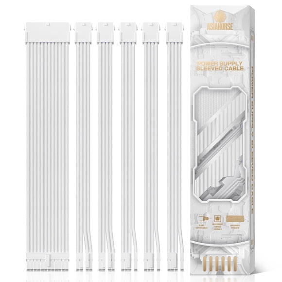 AsiaHorse Power Supply Sleeved Cable, 16 AWG PSU Extension Cable Kit of White Connector, 1x24Pin/2x4+4 EPS/3x6+2 PCI-E, 30cm Length with Combs-White