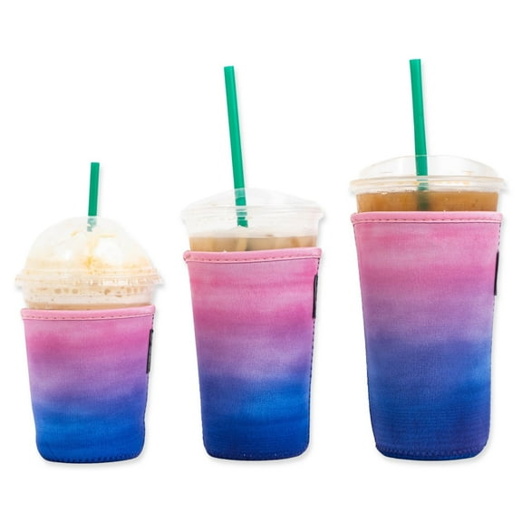 3-Pack (16-32oz) Reusable Neoprene Insulator Sleeve for Iced Coffee or Cold Beverage Cups (Pink/Purple Ombre Smooth)
