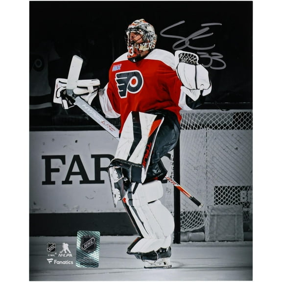 Samuel Ersson Philadelphia Flyers Autographed 8" x 10" Orange Jersey Celebrating Spotlight Photograph - Fanatics Authentic Certified