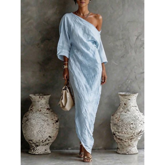 Blue Womens Textured Off-Shoulder Maxi Dress, Relaxed Fit For Casual Or Vacation Wear