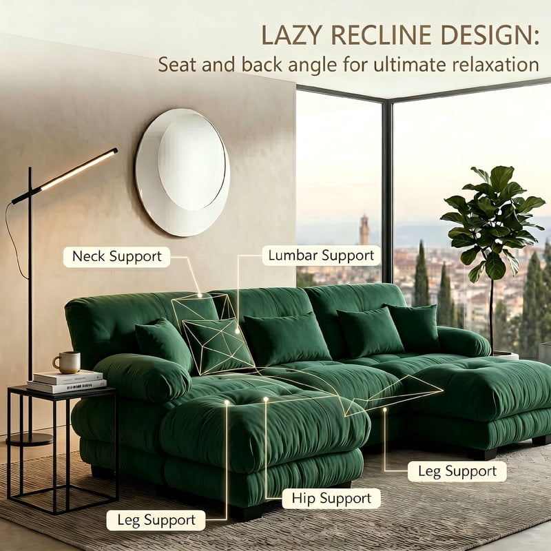 ANPPORT Cloud Couch Sleeper Sofa, Chenille Green 3-Seater Modular Sofa with 2 Ottomans, 3 Lumbar pillows, 2 Pillows, Comfy Deep Seat Cloud Sofa, Convertible L-Shaped Floor Couch for Living Room
