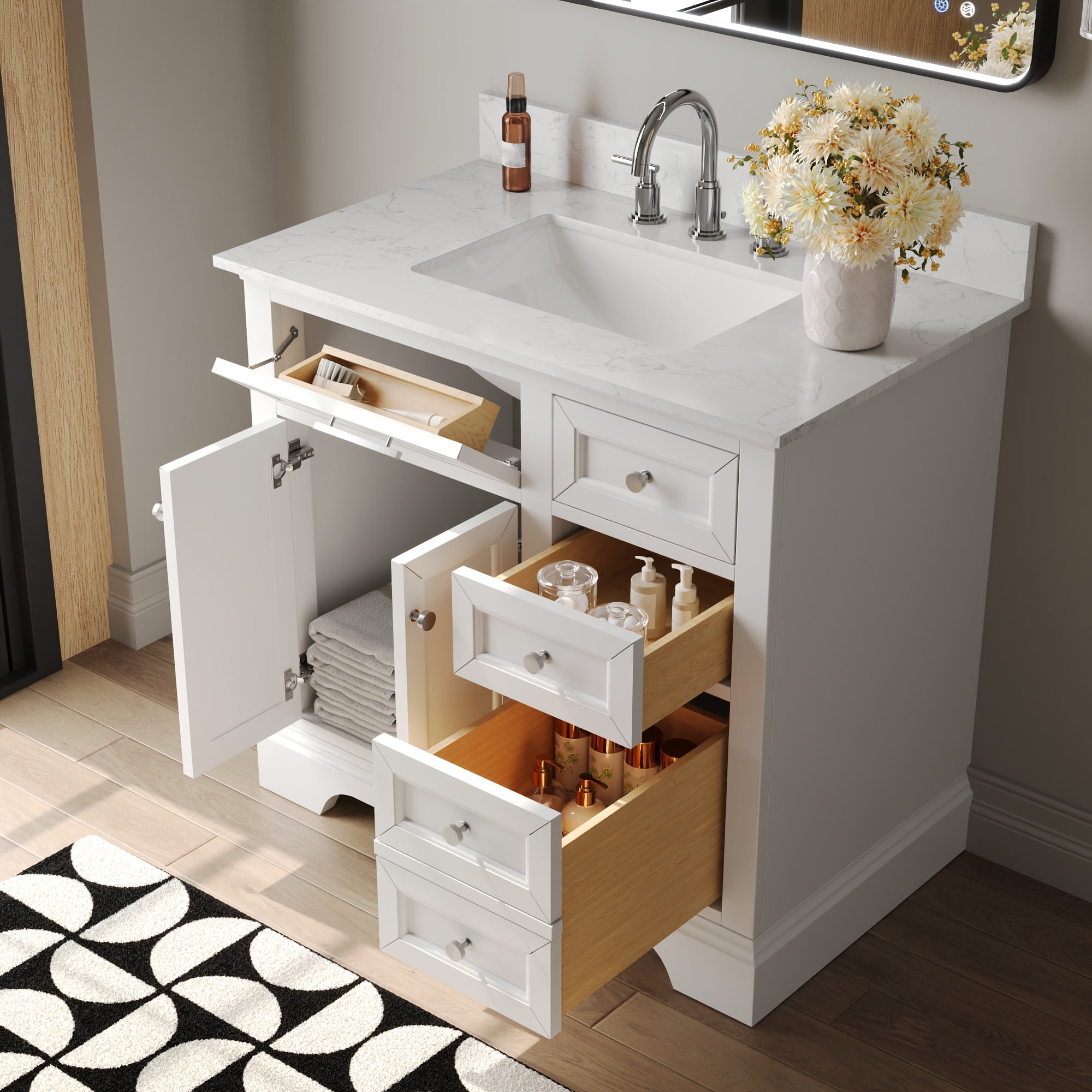 DeerValley Heritage 36" Pre-Assembled Bathroom Vanity Set with Ceramic Sink, White Cabinet & 3.9" Backsplash, DV-1BV0155W