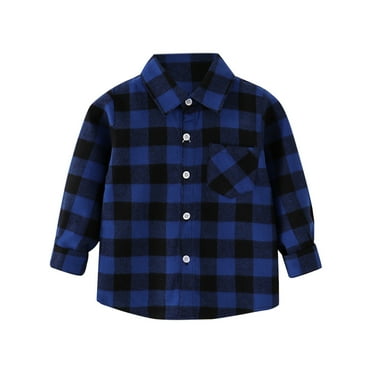 Otqutp 1-8 Years Toddler Boy Solid Color Clothes Button Down Shirt Long Sleeve Plaid Shirt for Kids Little Boys Fall Winter Outfits(Blue,18-24 Months)