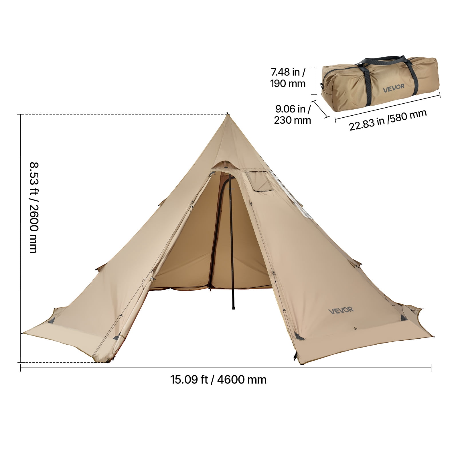 VEVOR Hot Tent for 4-6 Persons, Portable Winter Tipi Tent with Stove Jack, Waterproof Camping Tents, Lightweight 4 Season Shelter Tents for Hiking Fishing Backpacking, L Size