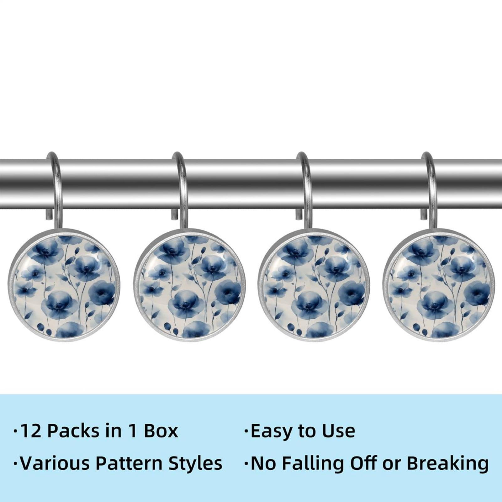 HemaKayy 12 Pcs Shower Curtain Hooks Bathroom Decorative Accessories Ink Blue Flower