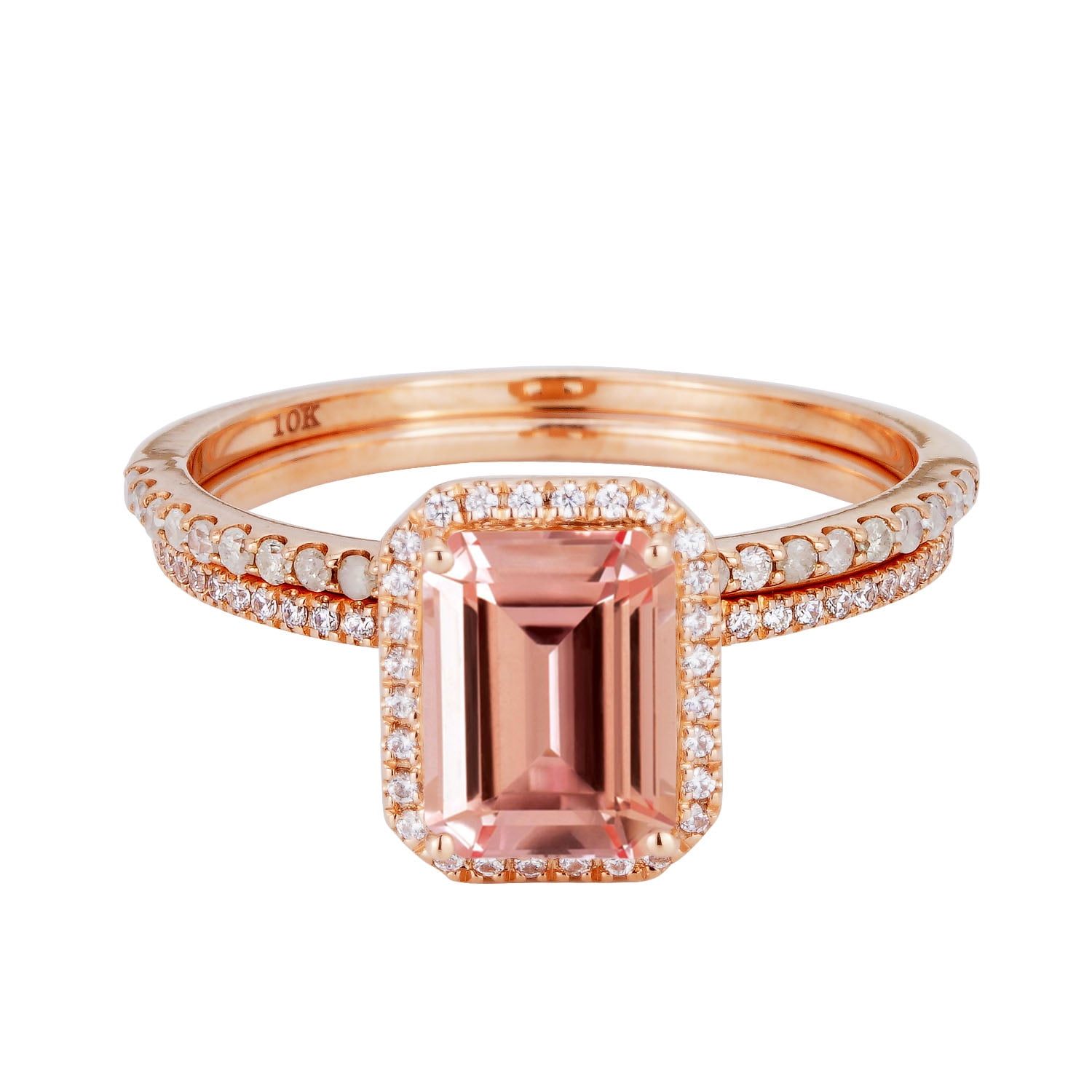 2 ct Halo Emerald Cut Morganite Engagement Bridal Ring Set in Rose Gold ...
